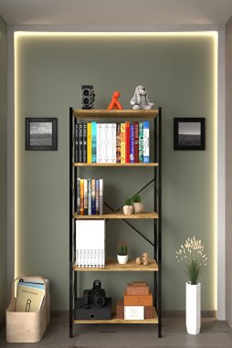 Metal Kitaplık 5 Raflı Ofis Kitaplığı Kitap Dosya Rafı Ceviz