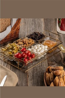 6 Bölmeli Gold Standlı Cam Kahvaltılık Çerezlik Sunumluk
