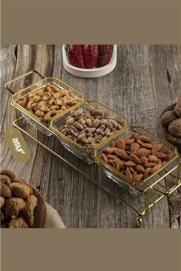 3 Bölmeli Gold Standlı Cam Kahvaltılık Çerezlik