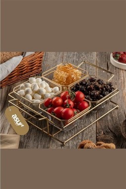 4 Bölmeli Gold Standlı Cam Kahvaltılık Çerezlik Sunumluk