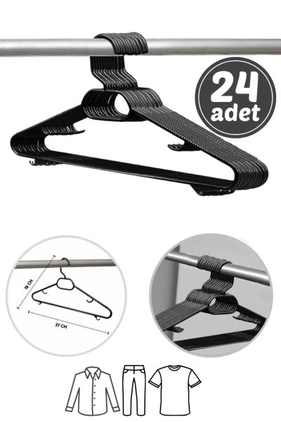 24 Adet Siyah Plastik Elbise Kıyafet Askısı 24'Lü Set