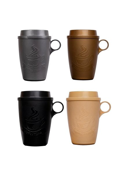4 Lü Set 4 Adet Farklı Beyaz Gri Krem Kahve 420 Cc Sert Plastik Pratik Figürlü Çay Kahve Kupa Bardak