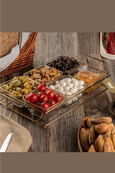 6 Bölmeli Gold Standlı Cam Kahvaltılık Çerezlik Sunumluk