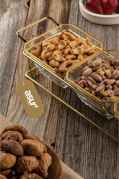 3 Bölmeli Gold Standlı Cam Kahvaltılık Çerezlik