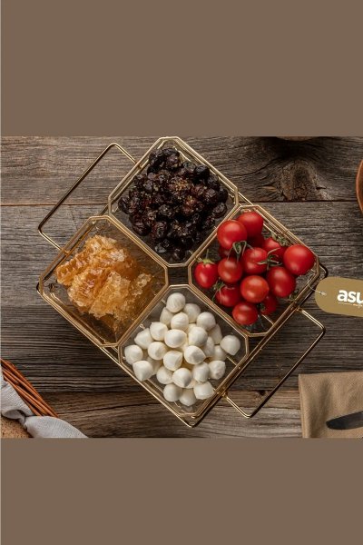 4 Bölmeli Gold Standlı Cam Kahvaltılık Çerezlik Sunumluk